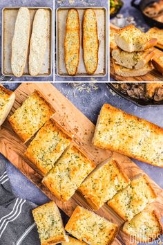 several different types of breads on wooden cutting boards and in pans, with one cut into slices