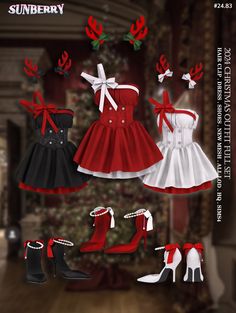 the dress and shoes are all red, white and black with bows at the neckline