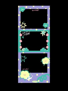 two frames with cartoon animals and stars on the bottom one is purple, green and blue