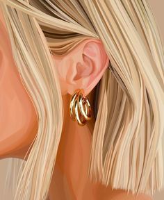 a woman with blonde hair wearing large gold hoop earrings on her ear, looking down at the ground