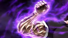 an anime character with his fist raised in front of a purple and black background that says, the one