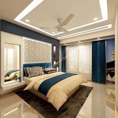 a bedroom with blue and white decor in the ceiling, carpeted flooring and walls