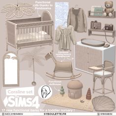 a baby's room with furniture and items for the nursery, including a crib