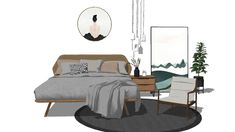 a drawing of a bedroom with a bed, chair and mirror in it's corner