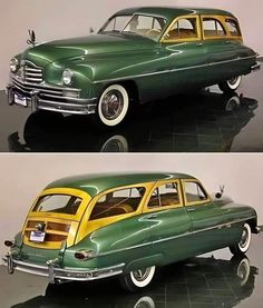 two pictures of an old green and yellow car