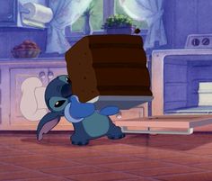 a cartoon character carrying a large piece of chocolate cake