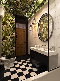 a bathroom with black and white checkered flooring next to a wall mounted mirror