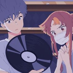 two anime characters holding up records in front of their faces and looking at the camera