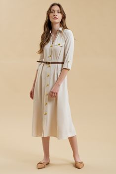 Get ready to stand out in the Monica Midi Dress, featuring a collared neckline and button down front. With gold buttons and hardware, this dress comes complete with a belted waist and pintuck details for a flattering silhouette. The long sleeves with cuff and tab detail, along with the midi length, make this a versatile shirt dress for any occasion. Plus, it even has pockets for added convenience! Maxi Romper, Fashion Mistakes, Eyelet Dress, Leather Dresses, Style Mistakes, Maxi Dress Party, White Maxi Dresses, Gold Buttons, Floral Maxi Dress