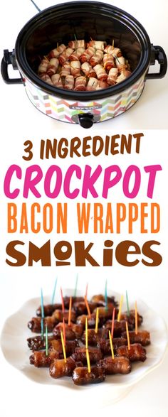 three ingredient crockpot bacon wrapped smokies on a white plate with text overlay