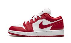 The Air Jordan 1 Low GS “Gym Red/White” is the youth sizing of the colorway reminiscent of the Jordan 1 that was featured in the “New Beginnings Pack. ” Unlike the original design, which was both a high-top and in adult sizing, the grade school “Gym Red/White” is equipped with a tonal embroidered Wings logo on the heel. White leather covers the mid-panel and perforated toe. Jordan Brand opts for a red leather Swoosh on the mid-panel to break up the look. An embroidered red Jumpman emblem graces Red White Jordans, Air Dunks, Air Jordan 1 Low Gym Red, Jordan 1 Low Gym Red, Red And White Jordans, Red White Shoes, Jordan 1 Red, Red Jordans, School Gym