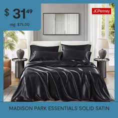 an advertisement for madison park essentials solid satin bedding set, $ 31 99