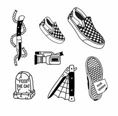 several different types of shoes are shown in this black and white drawing, with the words feed the cat on them