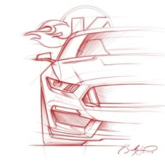 a drawing of a mustang car with the hood up and headlight turned to look like an angry bird