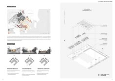 the layout and section of an architectural project, with diagrams on each side of the page