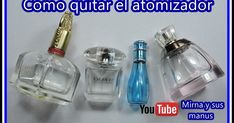 three perfume bottles sitting next to each other on top of a white surface with the words, comoo quta el atmizador