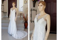 a mannequin wearing a wedding dress in front of a doorway with flowers on it