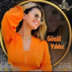 a woman in an orange dress with sunglasses on her head and the words goni yudz