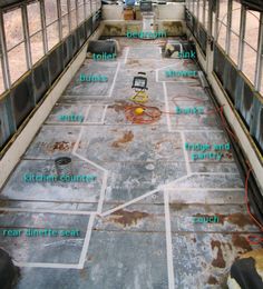 the inside of an old bus with all its parts labeled in green and white letters