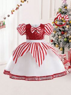 Young Girls Colorblock Striped Sequin Decor Bow Fluffy Tulle Party Pageant Dress, Suitable For Christmas Party, With Hair Accessory Red and White Party    Geometric Fit and Flare Non-Stretch All Young Girls Clothing, size features are:Bust: ,Length: ,Sleeve Length: Red And White Party, Girls Christmas Party, Christmas Party Wear, Hair Accessories Red, Girls Party Wear, Puffy Skirt, Red Green Christmas, Sequin Decor, فستان سهرة