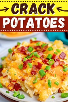 a white plate topped with potatoes covered in bacon