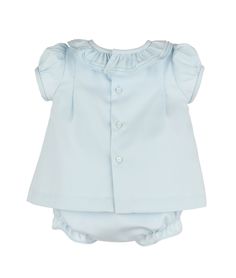 Elevate your little one's wardrobe with the Casero & Associates Pintucks & Lace Bishop outfit. Crafted in delicate light blue with a ruffle collar and matching bloomers, this luxury ensemble exudes sophistication and charm. Perfect for baby and newborn girls, it is designed to make a statement and capture attention. Blue Cotton Bloomers With Ruffles, Blue Ruffled Bloomers For Summer, Summer Blue Ruffled Bloomers, Light Blue Ruffled Sets For Summer, Spring Light Blue Ruffled Sets, Light Blue Fitted Short Sleeve Sets, Blue Cotton Ruffle Sets, Blue Cotton Ruffled Sets, Blue Short Sleeve Sets For Daywear