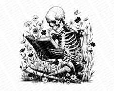 a skeleton reading a book while sitting in the grass with flowers and butterflies around it