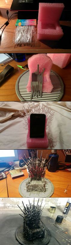 three different views of an office desk with various items on it and in the middle