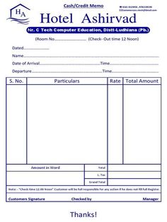 a hotel invoice form with the words hotel ashwadd on it