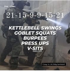 two soldiers in camouflage with text reading kettlebell swings gobblet squats burpes press ups v - bits