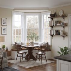 a living room filled with furniture and a table in front of a large window on top of a hard wood floor