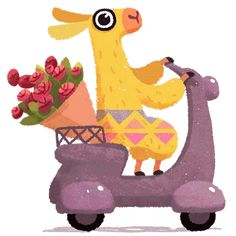 a giraffe is riding on a scooter with flowers