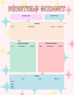 a printable budget sheet with stars on the bottom and pink, blue, yellow and green