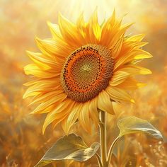 a painting of a sunflower in a field with the sun shining down on it