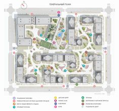 the plan for an urban park with lots of trees and buildings, including several parking spaces