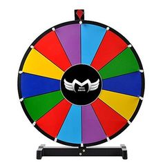 a colorful spinning wheel on a stand with black base and white logo in the center