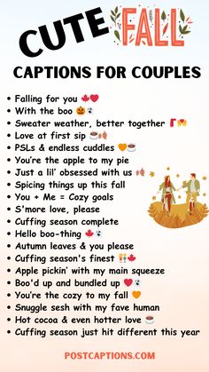 a poster with the words cute fall captions for couples and other things to do