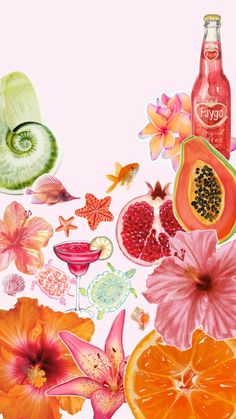 an image of various fruits and flowers on a pink background with a bottle of booze