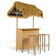 an outdoor bar with two stools and a straw umbrella over it's top