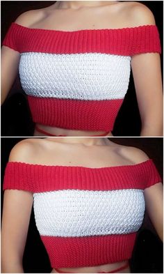 two pictures of a woman wearing a red and white top with one showing her breast