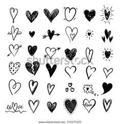 hand drawn hearts with different shapes and sizes on white background, for valentine's day