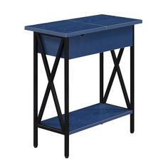 a blue table with two shelves on each side and one shelf below the top that has an open drawer