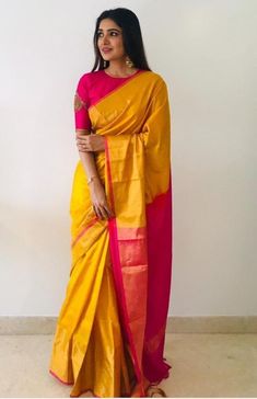 Uppada pattu silk saree in yellow and contrast pink pallu with Yellow And Pink Silk Saree, Yellow Saree Pink Blouse Designs, Uppada Saree Blouse Designs, Yellow Kanjivaram Saree Silk, Yellow With Pink Silk Saree, Yellow Saree Pink Blouse, Pink Yellow Saree, Yellow Pink Saree, Yellow And Pink Saree