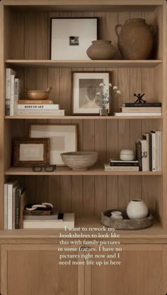 a wooden bookcase with books and pictures on it's shelves, text reads send message