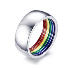 8mm Colorful Inner Rainbow Stainless Steel Silver Unisex Ring Commitment Rings, Rainbow Ring, Rainbow Rings, Sterling Silver Wedding Band, Big Hoop Earrings, Silver Wedding Bands, Lgbtq Pride, Unisex Ring, Lgbt Pride