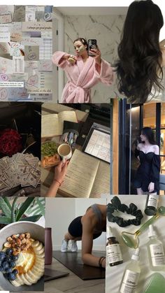 a collage of photos with various items in the middle and one woman taking pictures on her cell phone