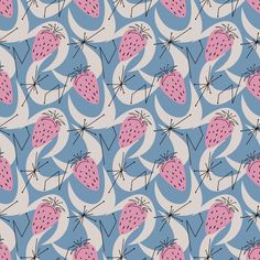 a blue and pink wallpaper with strawberries on the top, in an abstract pattern