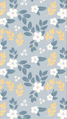 a blue and yellow floral wallpaper with white, grey, and yellow flowers on it