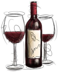 a drawing of two wine glasses with a bottle and one glass filled with red wine