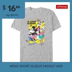 Enjoy comfort and fashion at the same time with this officially licensed men's Mickey and Friends graphic t-shirt design. Crafted from a soft cotton-knit, this tee has a crew neckline and short sleeves. Style it with jeans or shorts.Character: Mickey And Friends, Mickey MouseClosure Type: Pullover HeadFit: Regular FitNeckline: Crew NeckSleeve Length: Short SleeveFiber Content: 60% Cotton, 40% PolyesterFabric Description: KnitCare: Machine Wash, Tumble DryCountry of Origin: Imported Friends Graphic, Tops Graphic, Men's Graphic T Shirt, Mickey And Friends, Mens Crew Neck, T Shirt Design, Men Short Sleeve, Shirts Tops, Graphic T Shirt